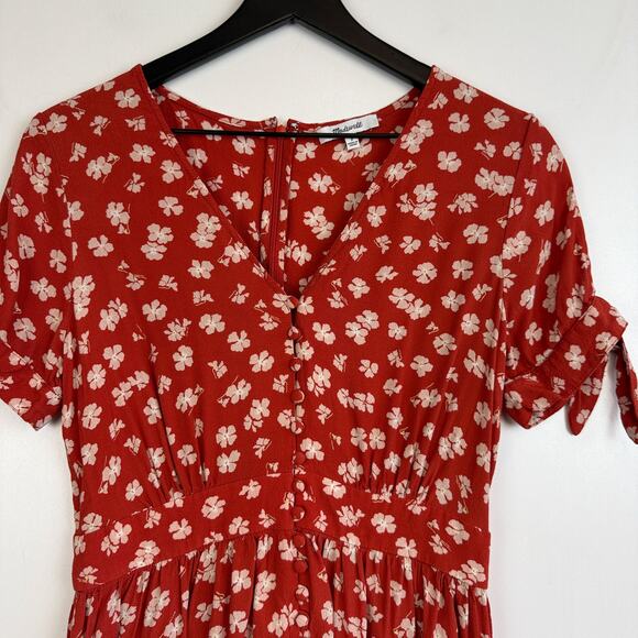 Madewell Button Front Mini Floral Dress Red Happy Hibiscus - 2 - Picture 2 of 11